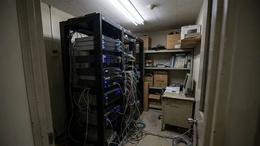 社内のサーバーラックと乱雑なLANケーブル(ネットワーク共有の不安定さのイメージ)