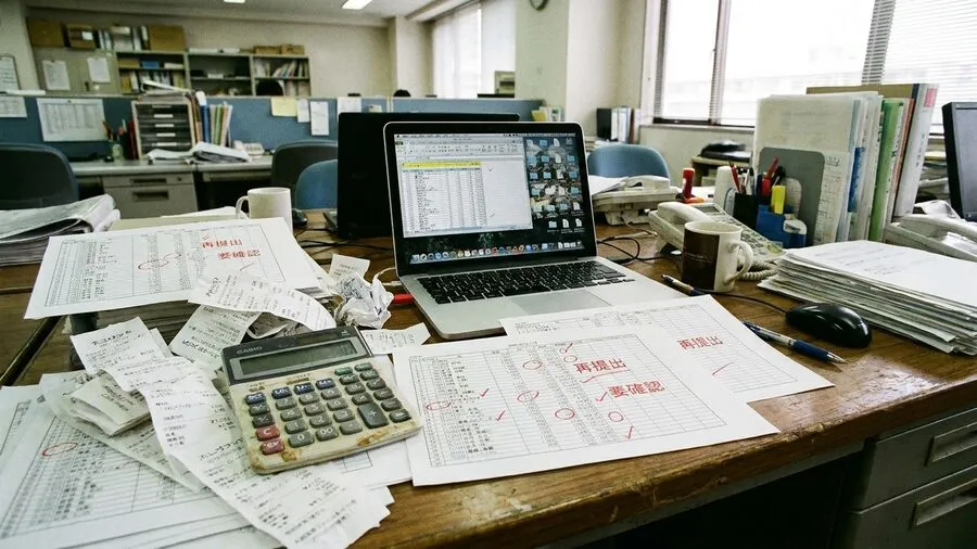 領収書と再提出チェックが散乱した経費精算のデスク（締め日の混乱のイメージ）