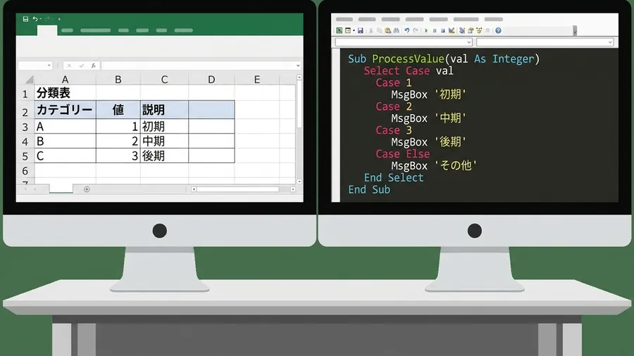 Excel分類表とVBAコードを並べた日本語作業画面