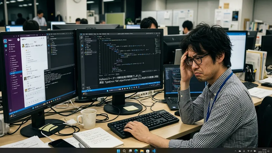 日本語インターフェースのコードエディタ画面です。長いリスト内包表記が書かれています。AIのチャットバブルも見えます。寒色系の落ち着いたオフィス環境です。realistic screenshot style