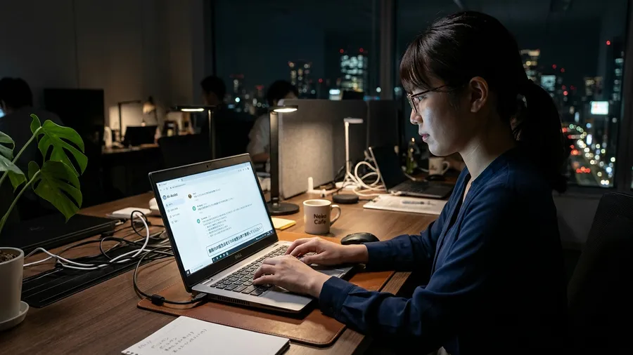 薄暗いオフィスでPC画面に向き合い、AIチャット画面に「自動化の懸念点を5つの地雷分類で整理してください」と入力している様子。画面には日本語の文字がはっきりと表示されている。realistic screenshot style