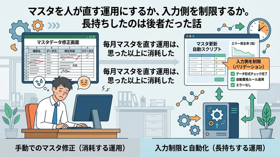 毎月マスタを直す運用は、思った以上に消耗したに関する解説図（日本語UI）
