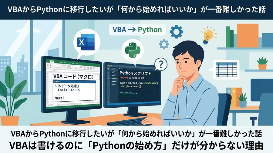 VBAは書けるのに「Pythonの始め方」だけが分からない理由に関する解説図(日本語UI)