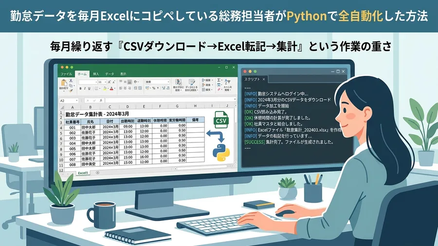 毎月繰り返す「CSVダウンロード→Excel転記→集計」という作業の重さに関する解説図（日本語UI）