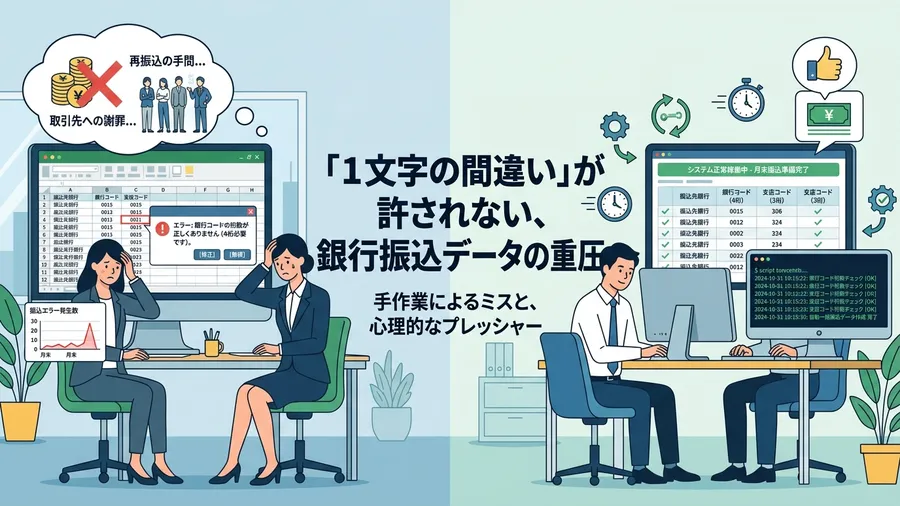 「1文字の間違い」が許されない、銀行振込データの重圧に関する解説図(日本語UI)