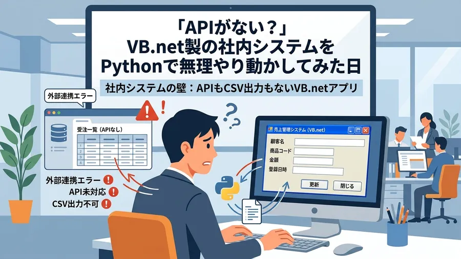 社内システムの壁：APIもCSV出力もないVB.netアプリに関する解説図（日本語UI）
