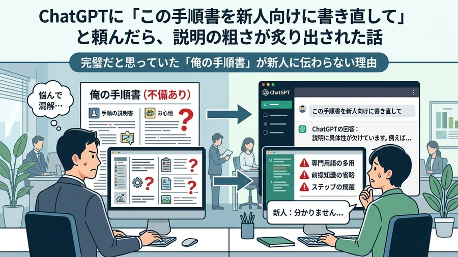 完璧だと思っていた「俺の手順書」が新人に伝わらない理由に関する解説図（日本語UI）