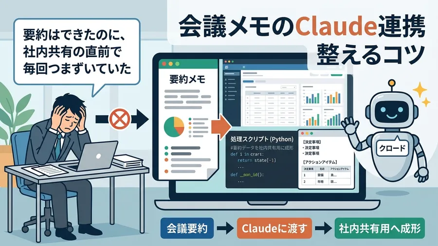 要約はできたのに、社内共有の直前で毎回つまずいていたに関する解説図（日本語UI）