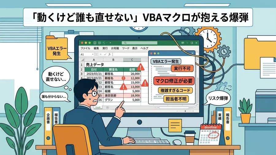 「動くけど誰も直せない」VBAマクロが抱える爆弾に関する解説図（日本語UI）