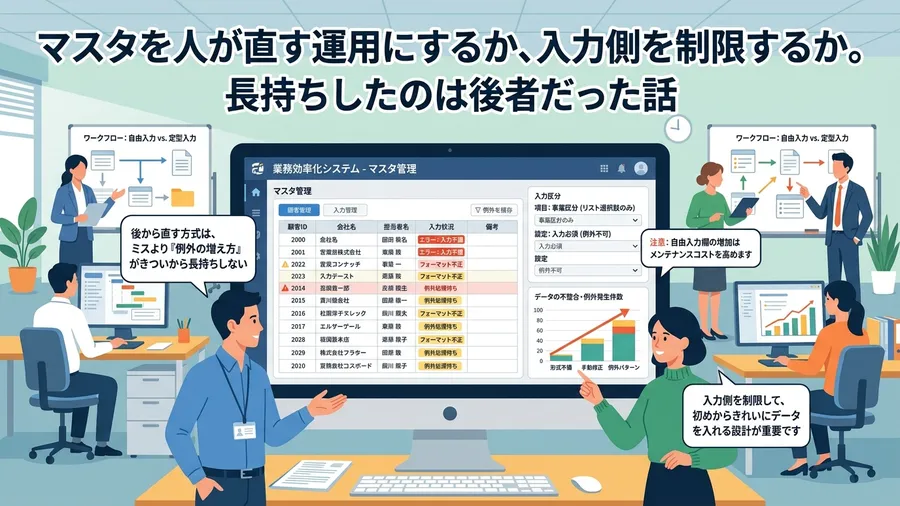 後から直す方式が長持ちしないのは、ミスより『例外の増え方』がきついからだったに関する解説図（日本語UI）