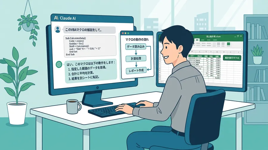 AIにVBAコードを貼り付けて解説させる基本的な方法に関する解説図(日本語UI)