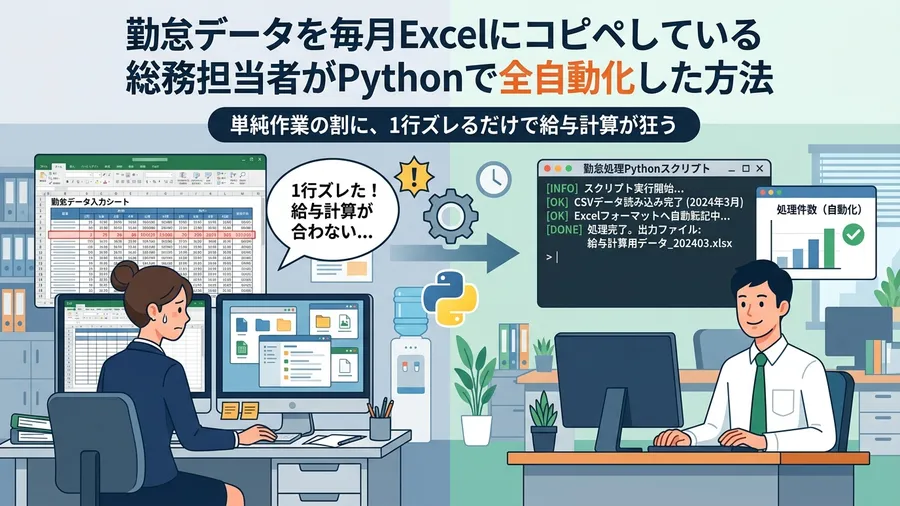 単純作業の割に、1行ズレるだけで給与計算が狂うに関する解説図（日本語UI）