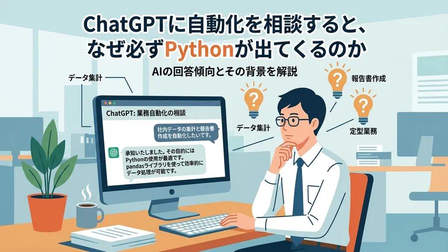 ChatGPTに自動化を相談すると、なぜ必ずPythonが出てくるのかに関する解説図（日本語UI）