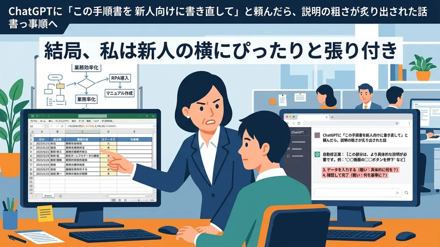 結局、私は新人の横にぴったりと張り付きに関する解説図（日本語UI）
