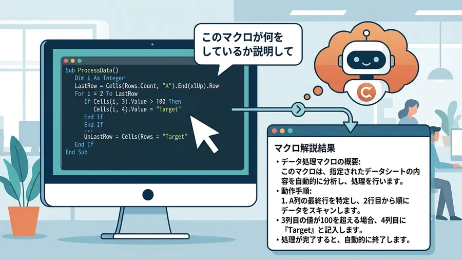 たった一行の指示で、難解なコードが分かりやすい日本語の解説に変換されるに関する解説図(日本語UI)