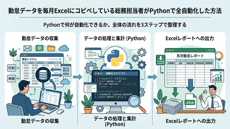 Pythonで何が自動化できるか。全体の流れを3ステップで整理するに関する解説図（日本語UI）