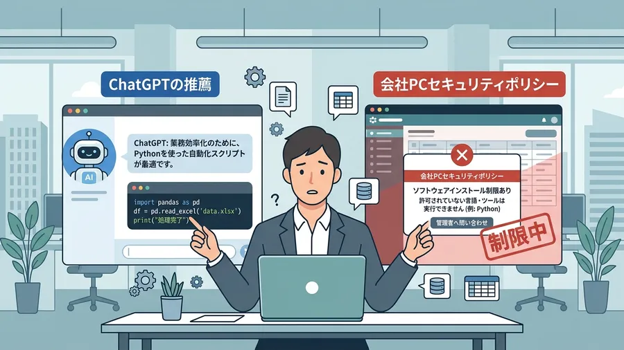 セキュリティポリシーが厳しい会社がどんな制限をかけているかに関する解説図（日本語UI）