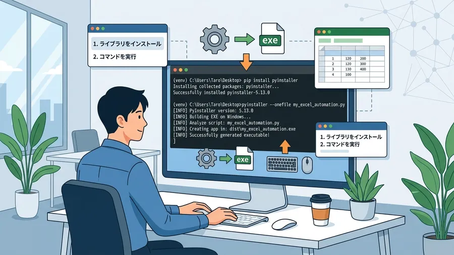 PyInstallerのインストールと基本的なexe化コマンドに関する解説図（日本語UI）