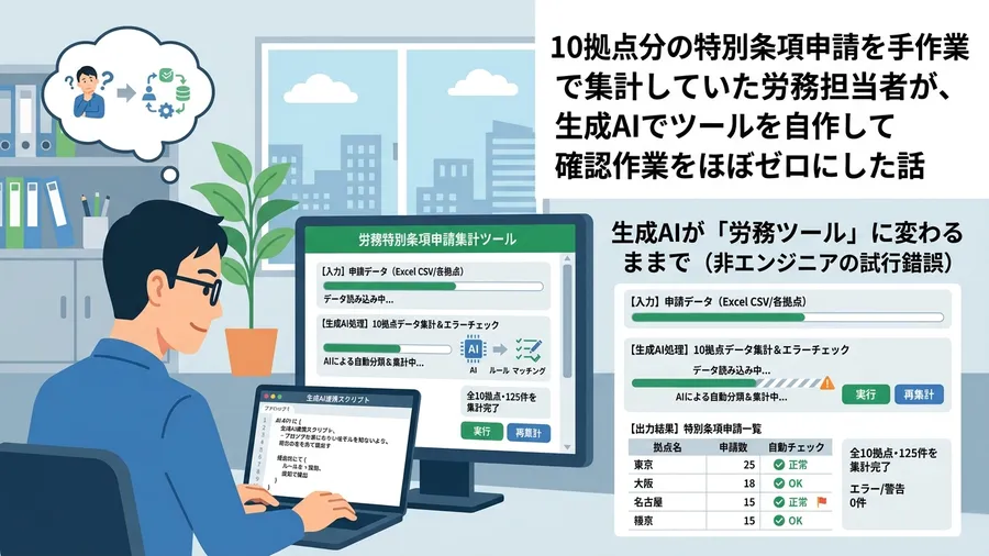 生成AIが「労務ツール」に変わるまで(非エンジニアの試行錯誤)に関する解説図(日本語UI)