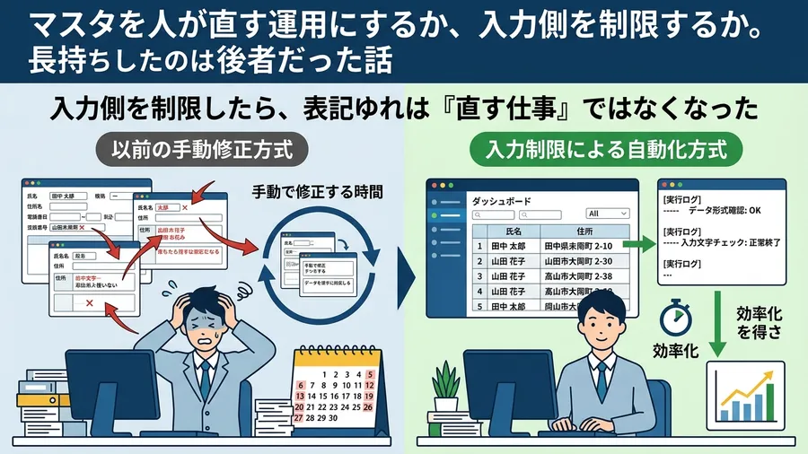 入力側を制限したら、表記ゆれは『直す仕事』ではなくなったに関する解説図（日本語UI）