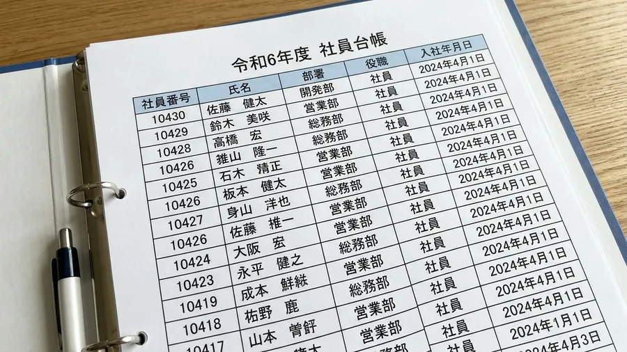 自動更新された最新の社員台帳シート。美しい表形式に整えられており、一番上の行には最近入社したばかりの新入社員の日本語の名前が正しい社員番号とともに並んでいる。realistic photo style