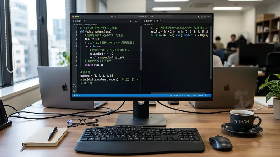 日本語で書かれたPythonのコード画面です。左側にはコメント付きで分かりやすいFor文があります。右側には1行に凝縮された難解なコードが並びます。オフィスのデスクでコーヒーカップが隣に置かれています。realistic photo style