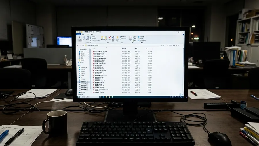 Windows標準のフォルダ画面を写しました。日本語名のPDF履歴書ファイルが多数バラバラに保存されています。ファイル名は統一されておらず更新日時だけが頼りです。薄暗いオフィスでデスクトップを眺めている風景になります。realistic photo style