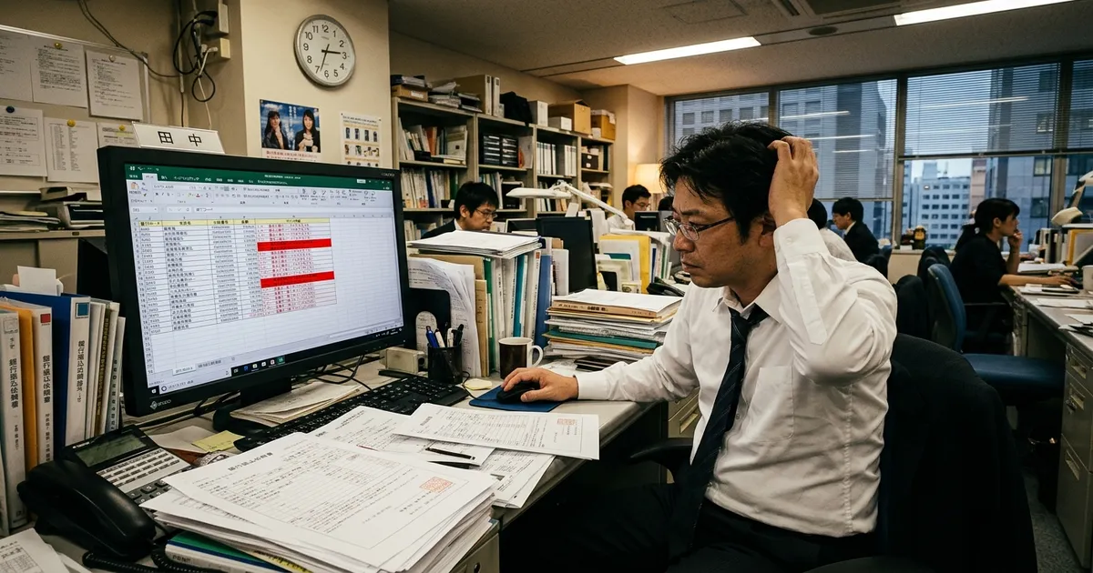 銀行振込データの重圧と戦う事務担当者