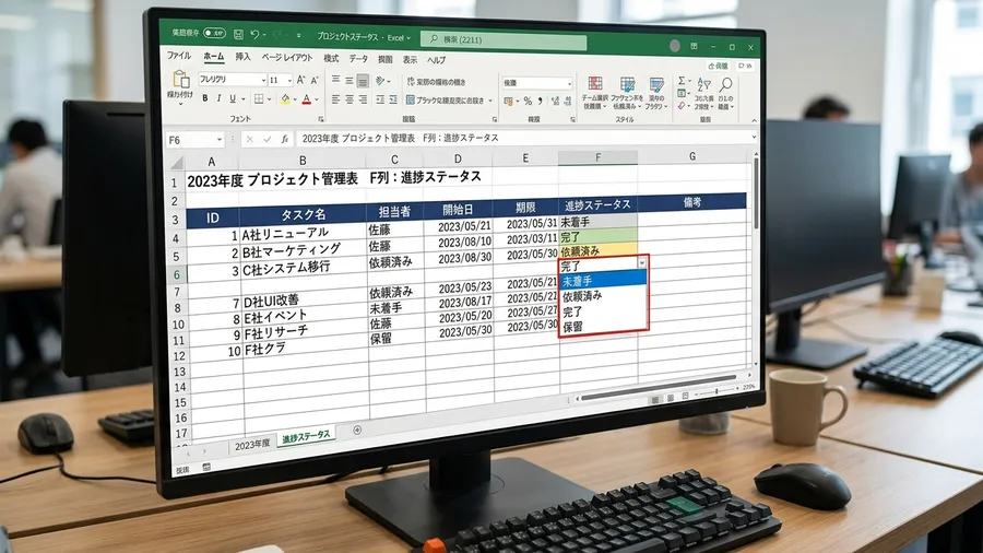 Excelドロップダウンでステータス選択している画面（日本語）