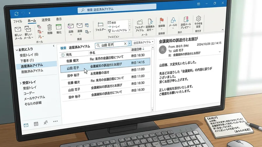 日本語のOutlook画面を開きました。送信済みトレイの中から宛先を間違えたメールを必死に探しています。画面の端には日本語の謝罪文のメモが置かれた状態です。UI mockup style