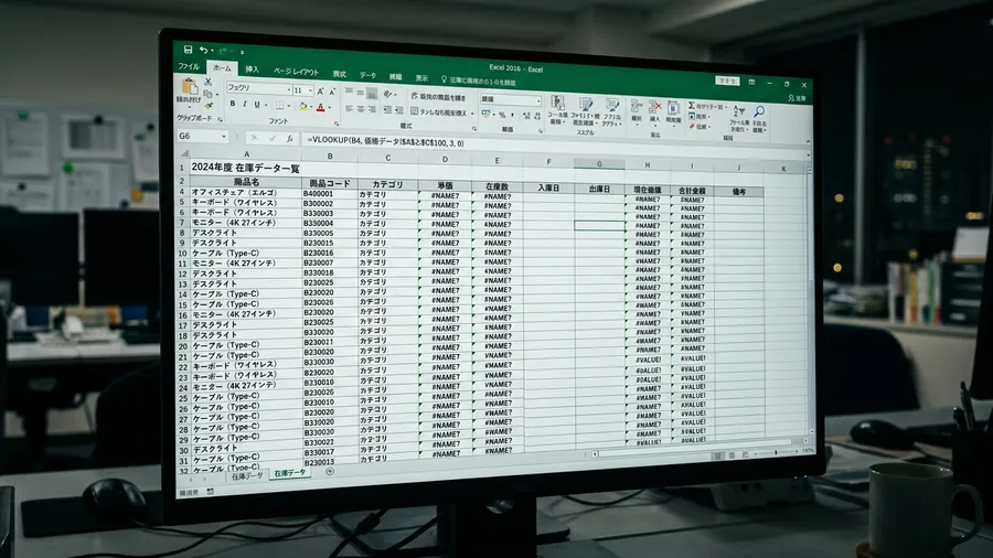 古いバージョンのExcelでXLOOKUPが認識されず、#NAME?エラーが散乱している画面