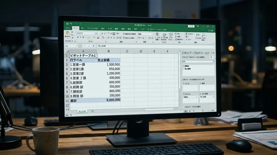 Excelのピボットテーブルで部署別集計が8行に分裂している様子（日本語）