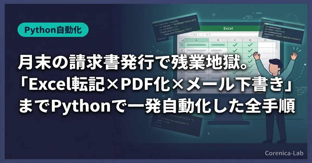 月末の請求書発行で残業地獄。「Excel転記×PDF化×メール下書き」までPythonで一発自動化した全手順のアイキャッチ画像（Python自動化）