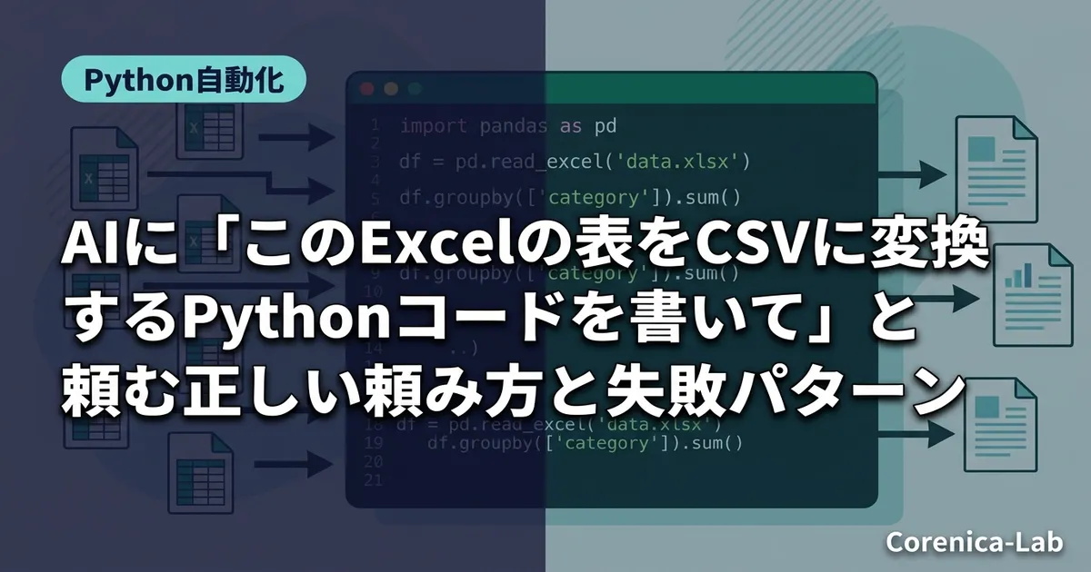 AIに「このExcelの表をCSVに変換するPythonコードを書いて」と頼む正しい頼み方と失敗パターンのアイキャッチ画像(Python自動化)
