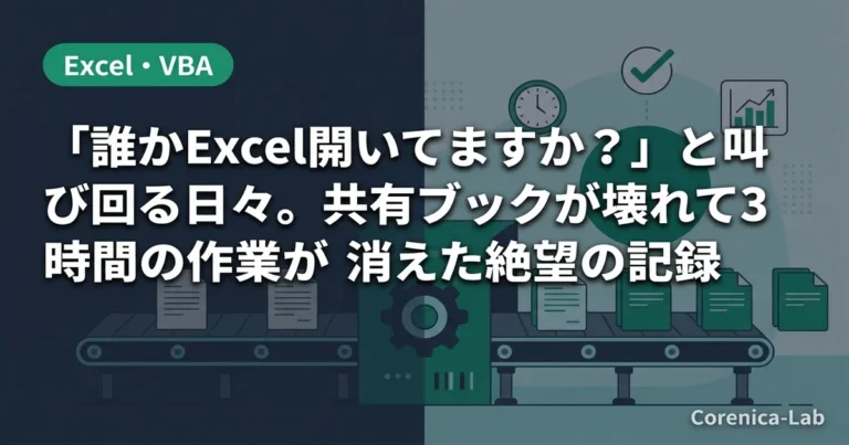 「誰かExcel開いてますか?」と叫び回る日々。共有ブックが壊れて3時間の作業が消えた絶望の記録のアイキャッチ画像(Excel・VBA)