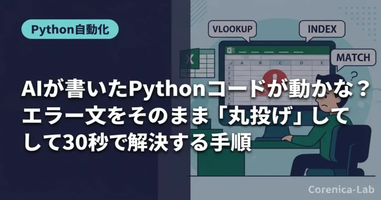 AIが書いたPythonコードが動かない?エラー文をそのまま「丸投げ」して30秒で解決する手順のアイキャッチ画像(Python自動化)
