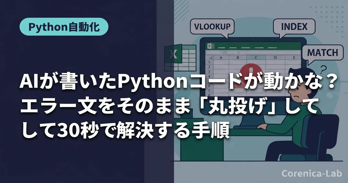 AIが書いたPythonコードが動かない?エラー文をそのまま「丸投げ」して30秒で解決する手順のアイキャッチ画像(Python自動化)