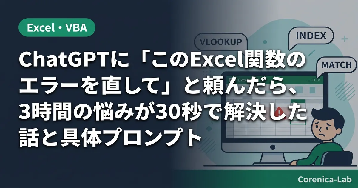 ChatGPTに「このExcel関数のエラーを直して」と頼んだら、3時間の悩みが30秒で解決した話と具体プロンプトのアイキャッチ画像(Excel・VBA)