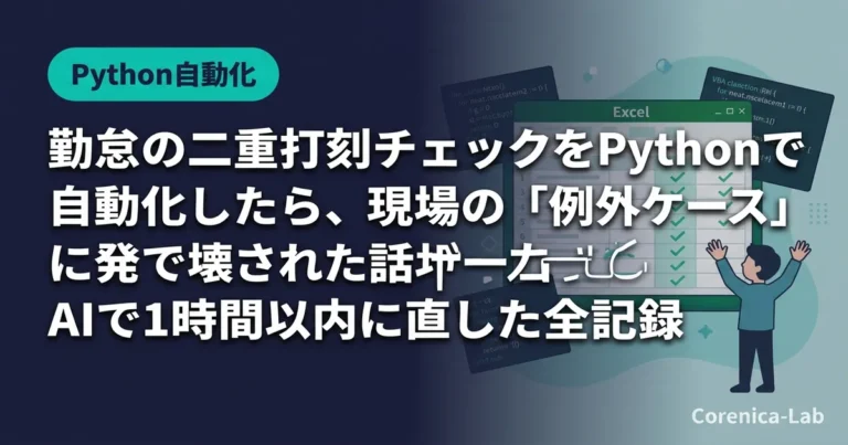 勤怠の二重打刻チェックをPythonで自動化したら、現場の「例外ケース」に一発で壊された話｜AIで1時間以内に直した全記録のアイキャッチ画像（Python自動化）