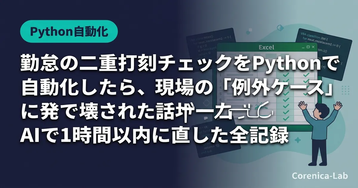 勤怠の二重打刻チェックをPythonで自動化したら、現場の「例外ケース」に一発で壊された話|AIで1時間以内に直した全記録のアイキャッチ画像(Python自動化)