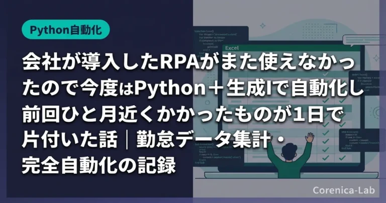 会社が導入したRPAがまた使えなかったので、今度はPython＋生成AIで自動化したら、前回ひと月近くかかったものが1日で片付いた話｜勤怠データ集計・完全自動化の記録のアイキャッチ画像（Python自動化）