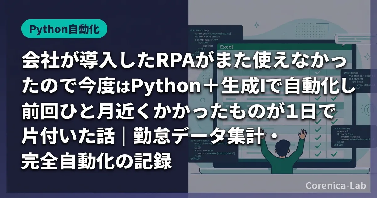 会社が導入したRPAがまた使えなかったので、今度はPython＋生成AIで自動化したら、前回ひと月近くかかったものが1日で片付いた話｜勤怠データ集計・完全自動化の記録のアイキャッチ画像（Python自動化）