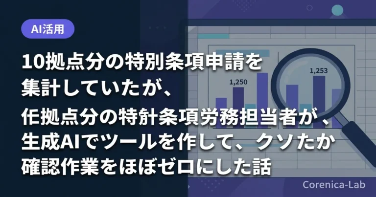 10拠点分の特別条項申請を手作業で集計していた労務担当者が、生成AIでツールを自作して確認作業をほぼゼロにした話のアイキャッチ画像（AI活用）