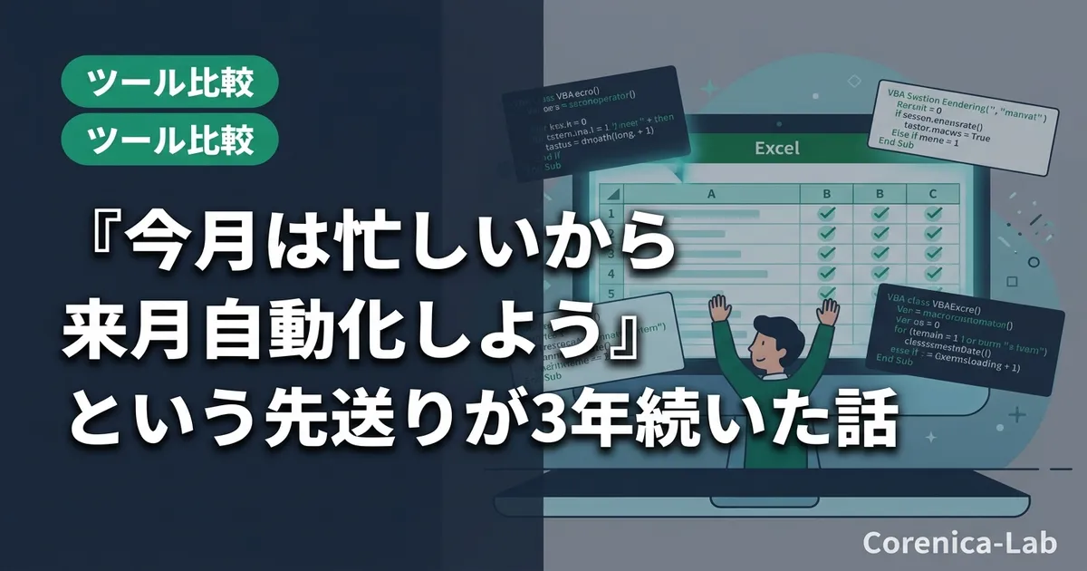 『今月は忙しいから来月自動化しよう』という先送りが3年続いた話のアイキャッチ画像(ツール比較)