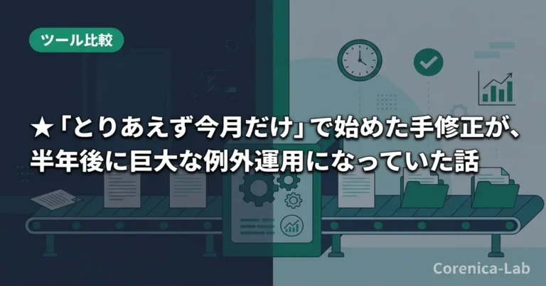 ★「とりあえず今月だけ」で始めた手修正が、半年後に巨大な例外運用になっていた話のアイキャッチ画像（ツール比較）