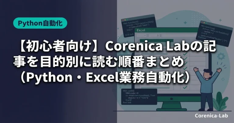 【初心者向け】Corenica Labの記事を目的別に読む順番まとめ（Python・Excel業務自動化）のアイキャッチ画像（Python自動化）