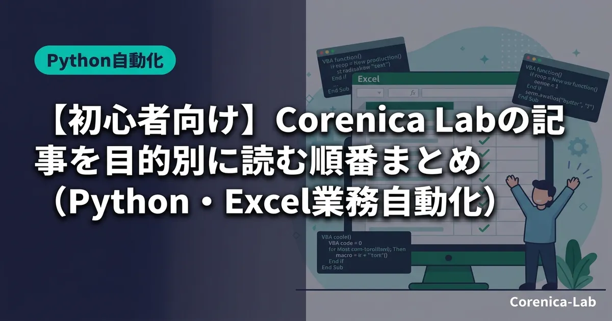 【初心者向け】Corenica Labの記事を目的別に読む順番まとめ(Python・Excel業務自動化)のアイキャッチ画像(Python自動化)