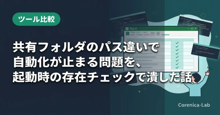 共有フォルダのパス違いで自動化が止まる問題を、起動時の存在チェックで潰した話のアイキャッチ画像（ツール比較）