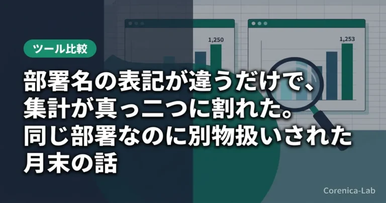 部署名の表記が違うだけで、集計が真っ二つに割れた。同じ部署なのに別物扱いされた月末の話のアイキャッチ画像(ツール比較)