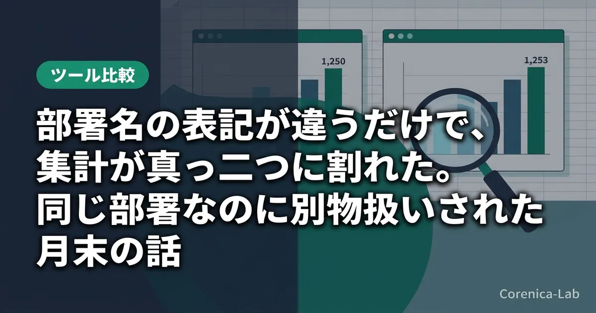 部署名の表記が違うだけで、集計が真っ二つに割れた。同じ部署なのに別物扱いされた月末の話のアイキャッチ画像（ツール比較）